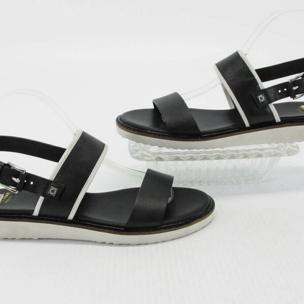 Cole Haan Black Leather Two Band Slingback Flat Sandals Contrast White Trim, 8.5 - Picture 7 of 9